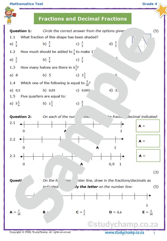 Grade 4 Mathematics Test: Common Fractions and Decimal Fractions
