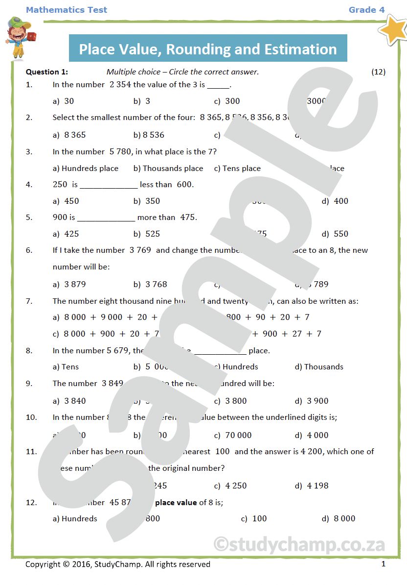 Grade 4 Mathematics Test: Number value, Place value, Rounding and Estimation