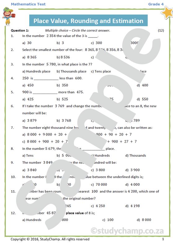 Grade 4 Mathematics Test: Number value, Place value, Rounding and Estimation