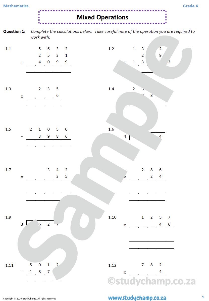Grade 4 Mathematics worksheet: Mixed Practice - all operations