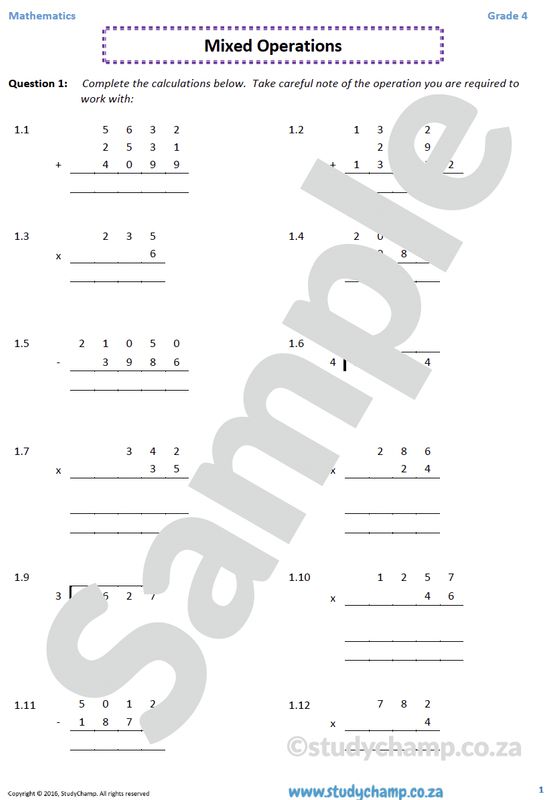 Grade 4 Mathematics worksheet: Mixed Practice - all operations