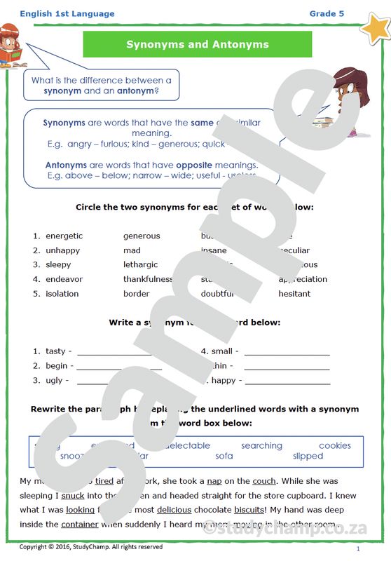 Grade 5 English Worksheet: Synonyms, Antonyms and soundalikes