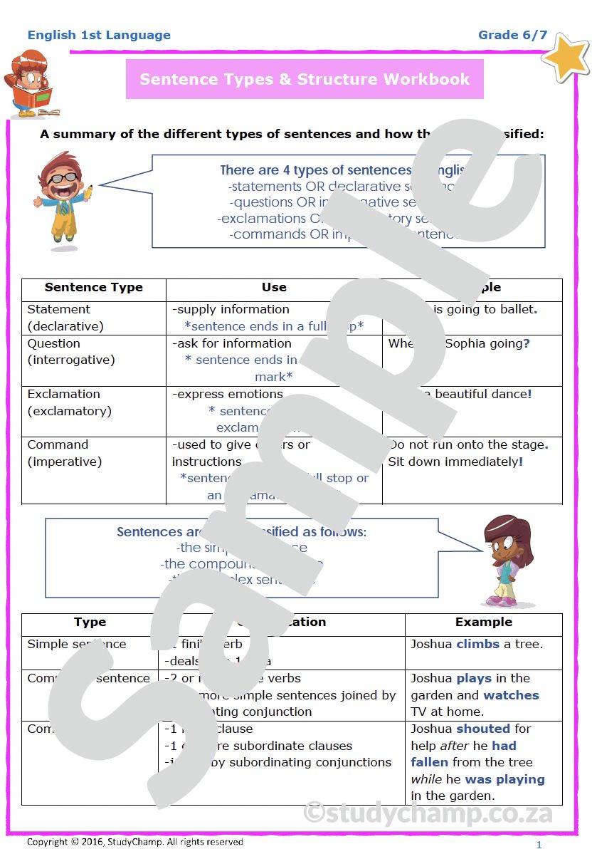 Grade 6 English Worksheet: Sentences - Types and Structure