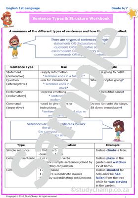 Grade 6 English Worksheet: Sentences - Types and Structure