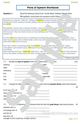 Grade 8 English Worksheet: Parts of Speech Application