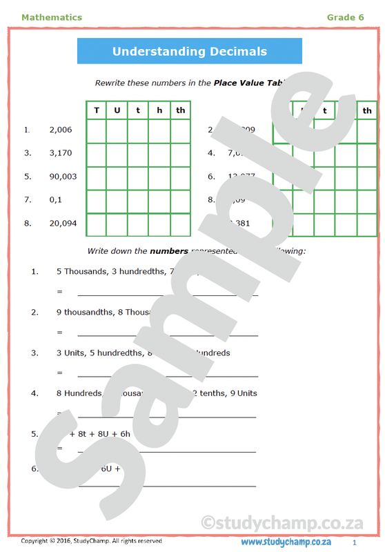 Grade 6 Maths Worksheet: Decimal Fractions