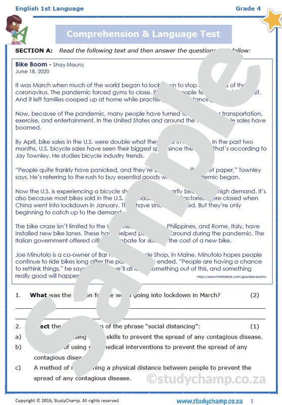 Grade 4 English Comprehension: Bike Boom