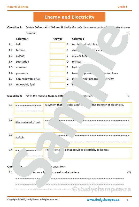Grade 5 Natural Sciences Test: Energy and Mains Electricity