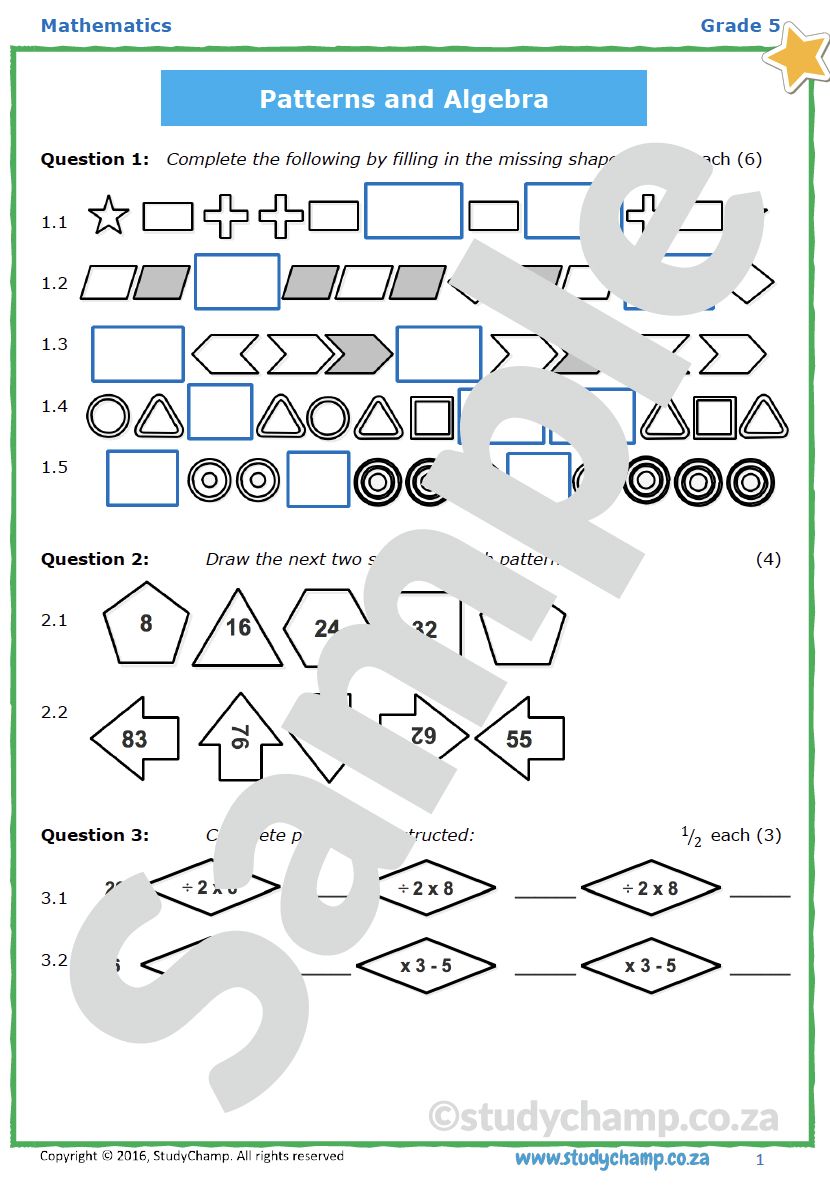 Grade 5 Mathematics Test: Number Patterns and Algebra