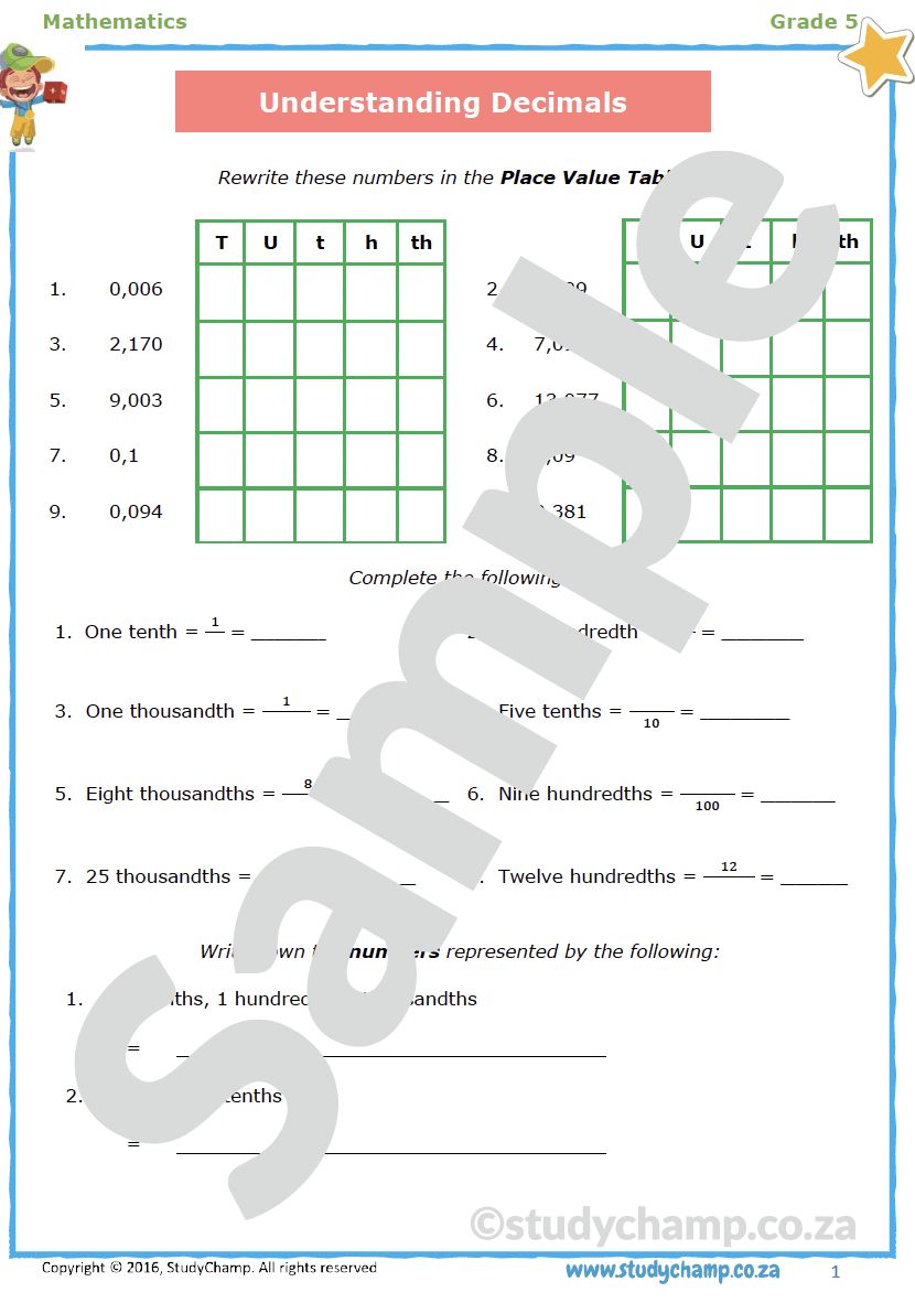 Grade 5 Mathematics Worksheet: Decimal Fractions