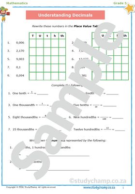 Grade 5 Mathematics Worksheet: Decimal Fractions