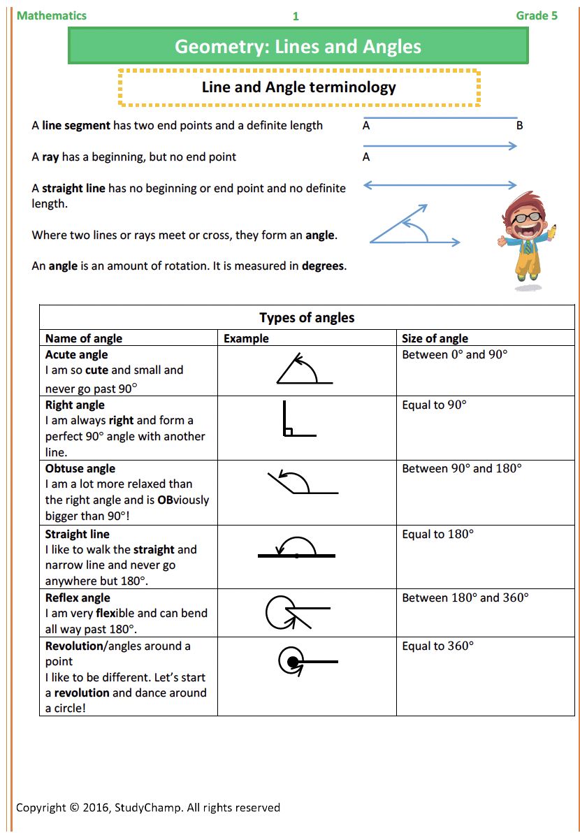 Grade 5 Mathematics Worksheet: Geometry - Lines and Angles