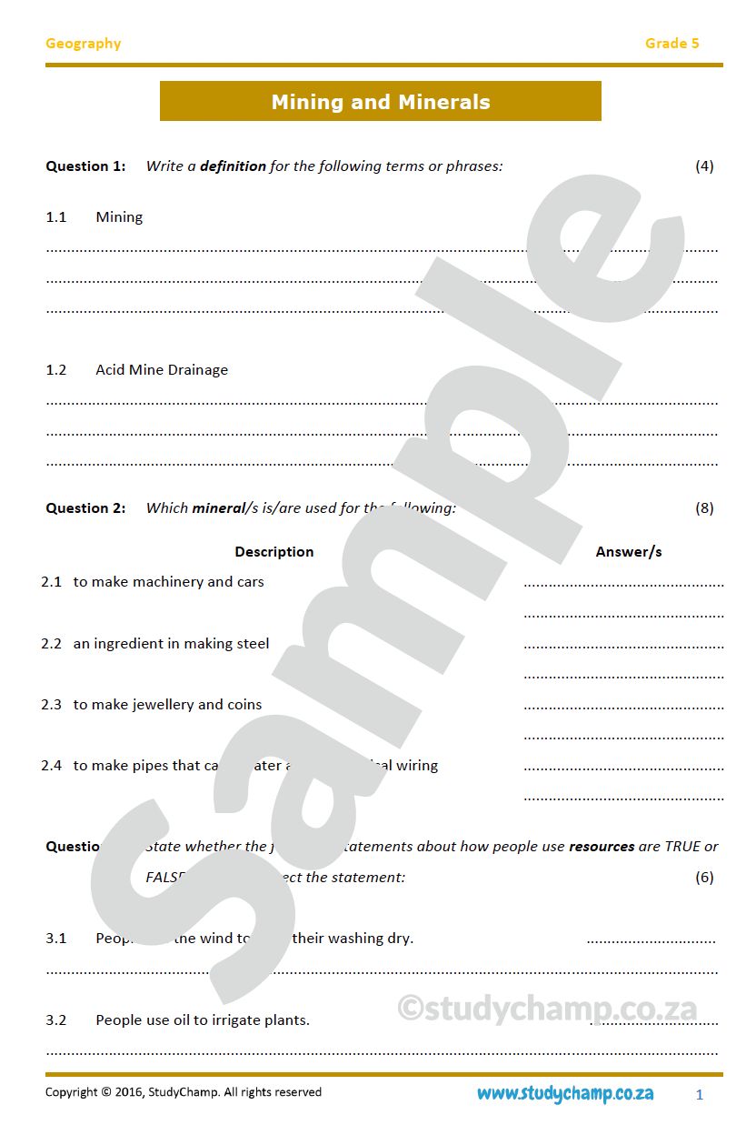 Grade 5 Geography Test: Mining and Minerals