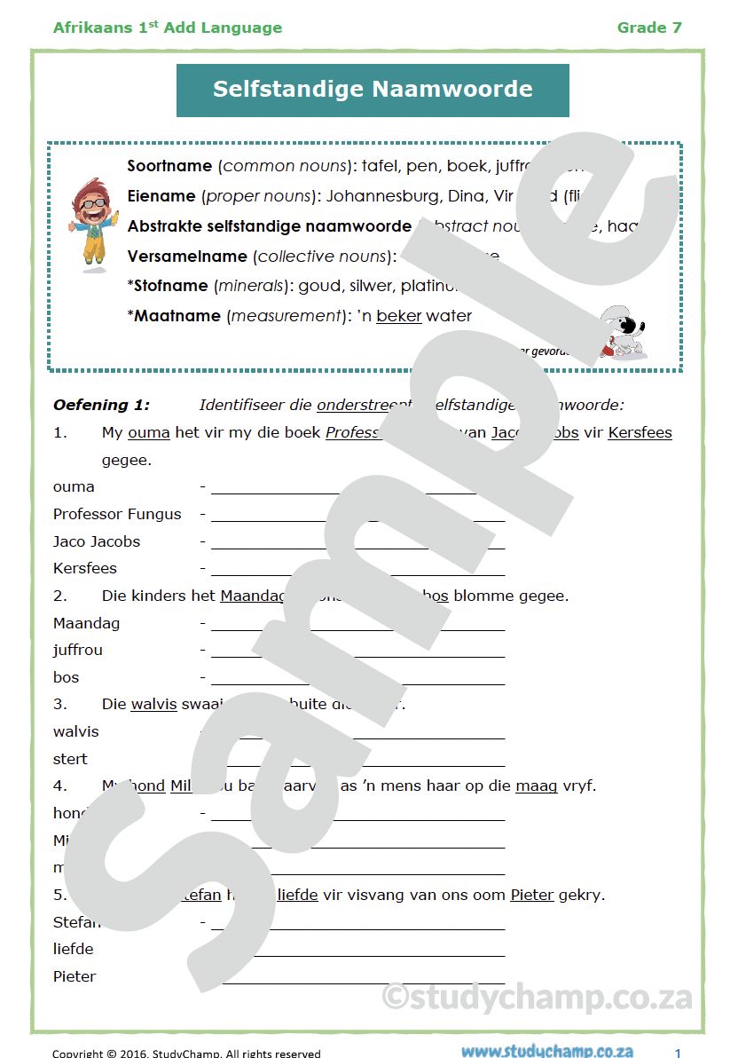 Grade 7 Afrikaans: Selfstandige naamwoorde