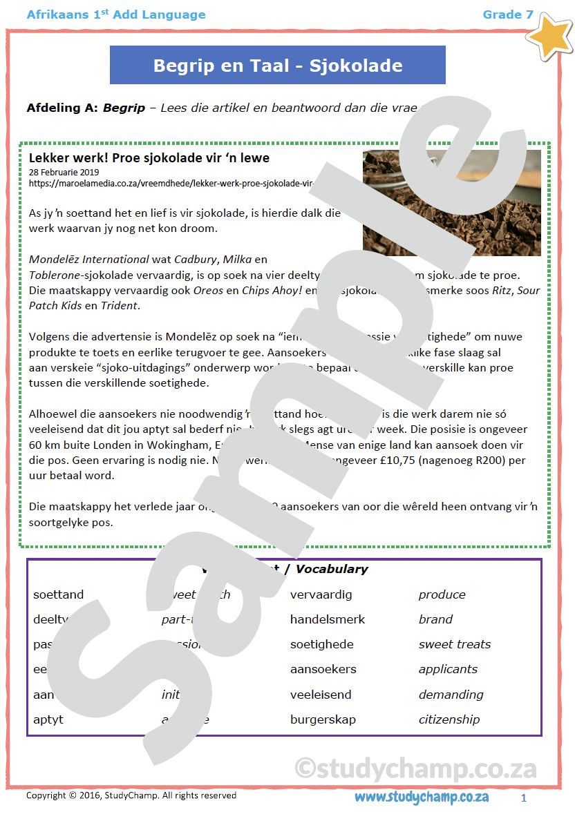 Grade 7 Afrikaans Begrip en Taal: Sjokolade