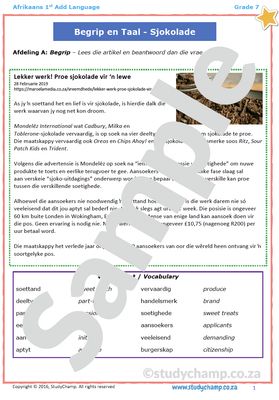 Grade 7 Afrikaans Begrip en Taal: Sjokolade