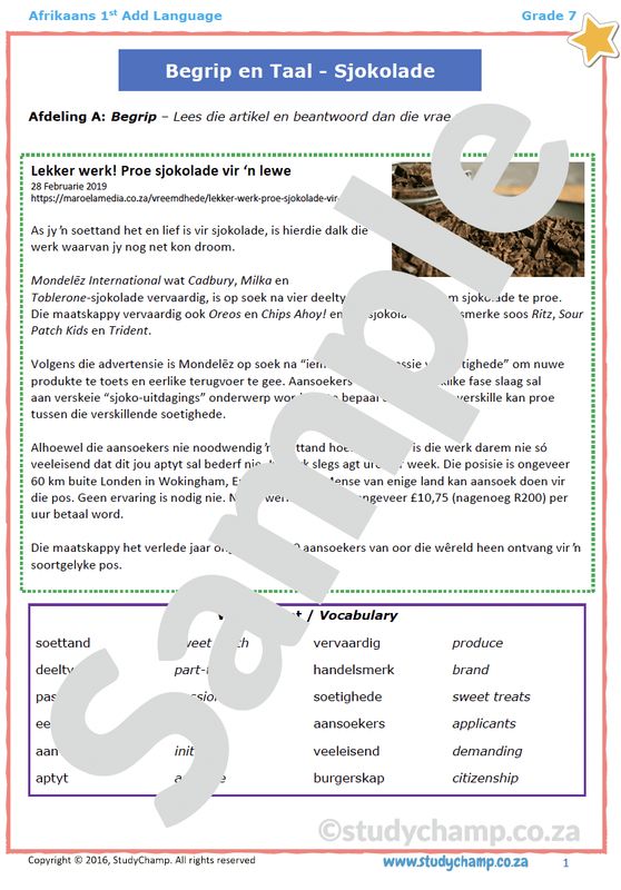 Grade 7 Afrikaans Begrip en Taal: Sjokolade