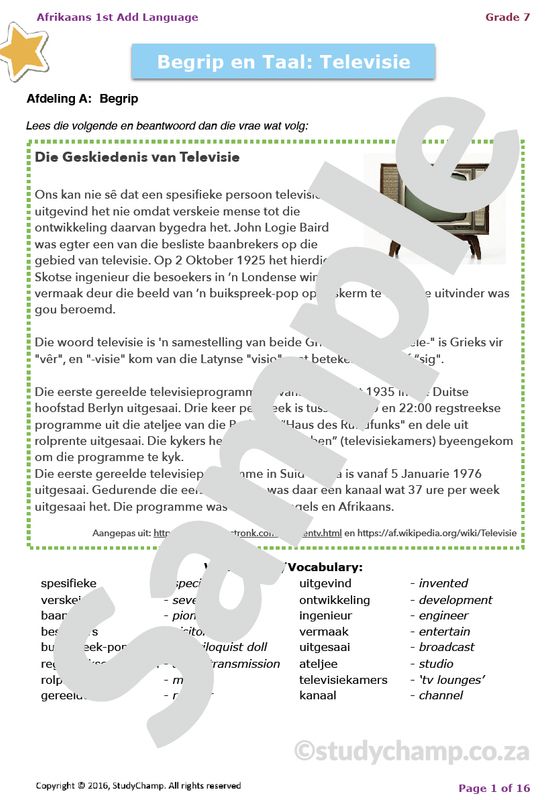 Grade 7 Afrikaans Year-end Exam Revision: Comprehension and Language