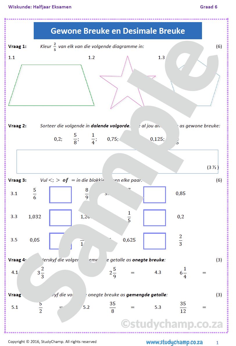 Graad 6 Wiskunde Halfjaar Hersiening: Werkboek 2