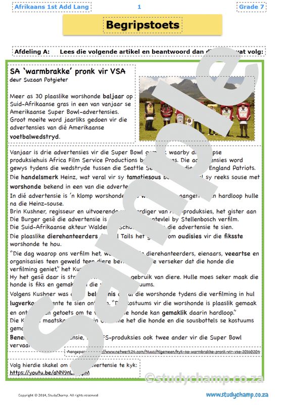 Grade 7 Afrikaans Begrip en Taal: Warmbrakke