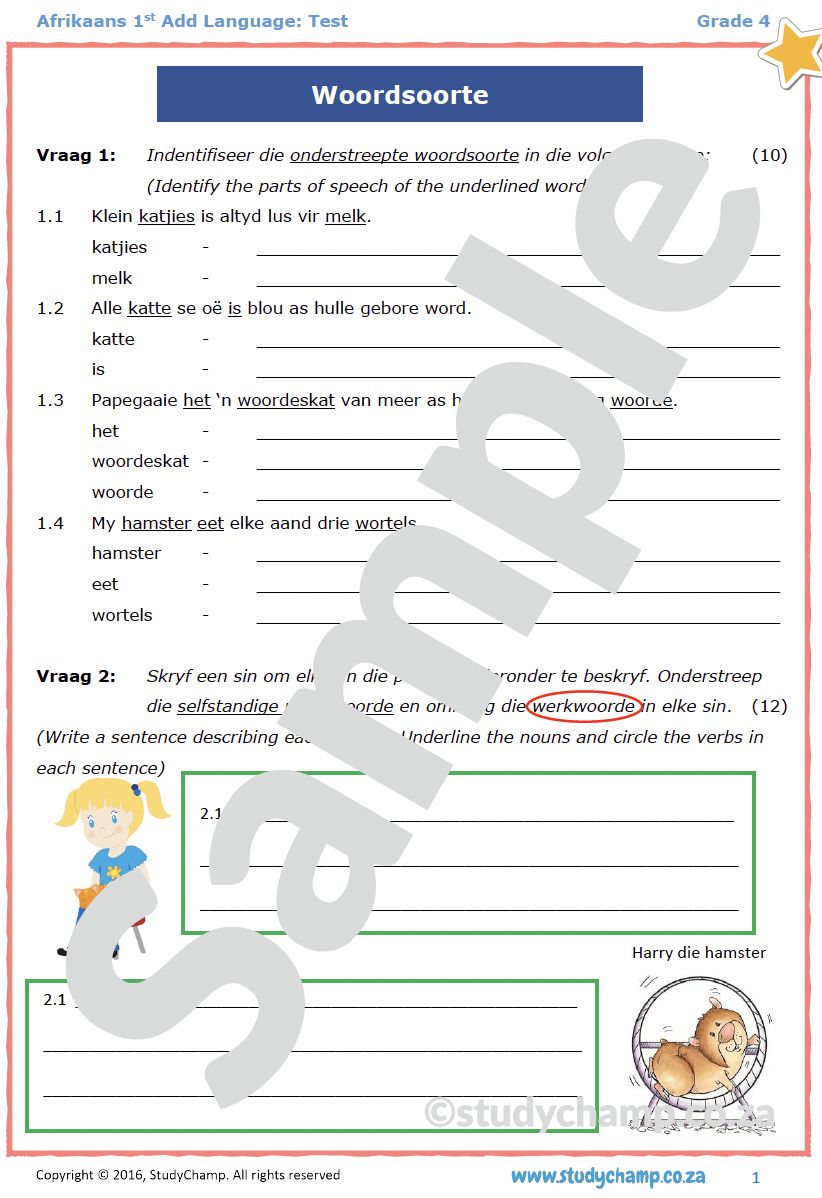 Grade 4 Afrikaans Toets: Woordsoorte