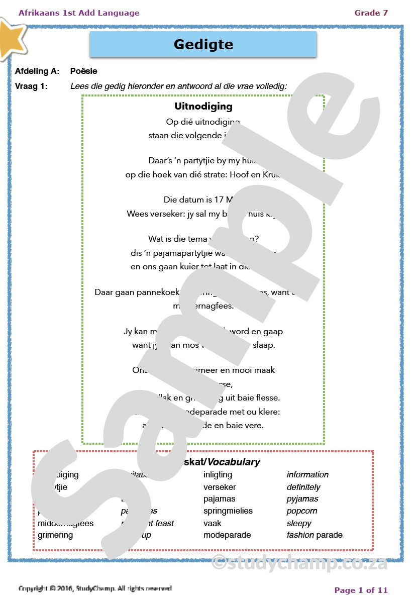 Grade 7 Afrikaans Year-end Exam Revision: Poetry and Creative Language
