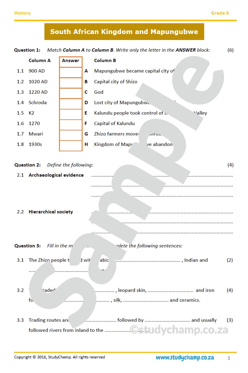 Grade 6 History Test: South African Kingdoms and Mapungubwe