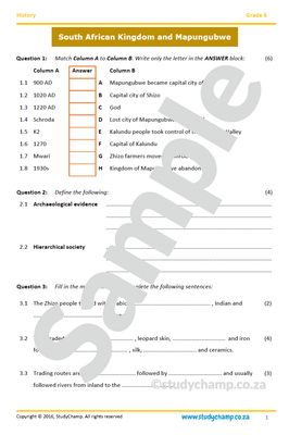 Grade 6 History Test: South African Kingdoms and Mapungubwe