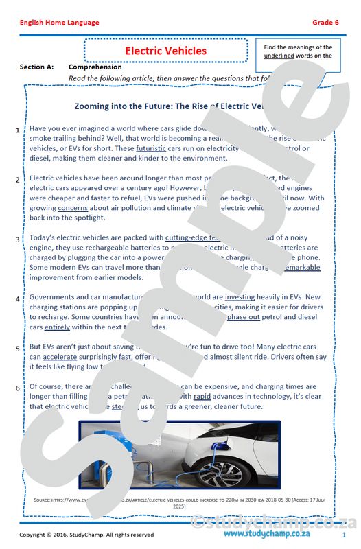 Grade 6 English Comprehension: Electric Vehicles