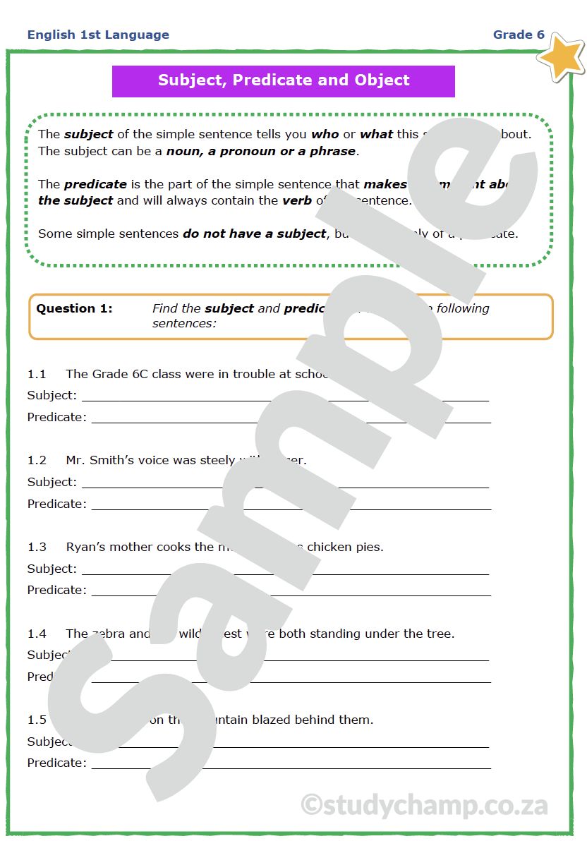 Grade 6 English Worksheet: Sentences - Subject and Predicate
