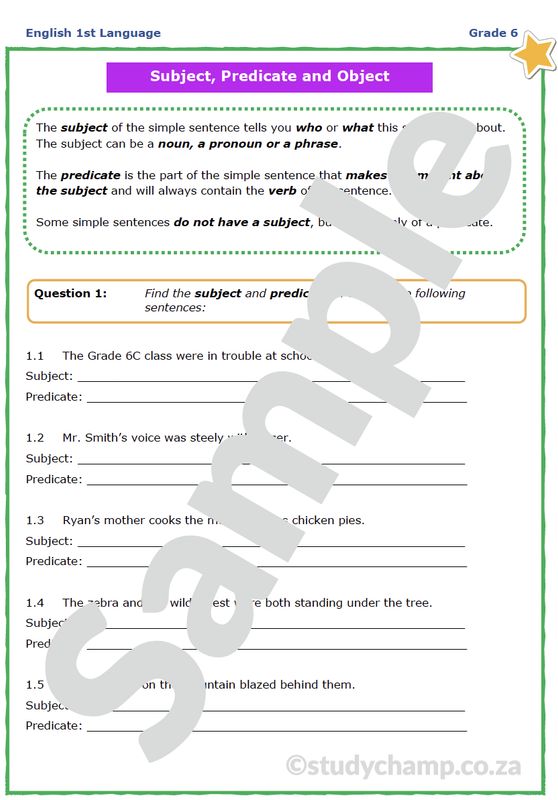 Grade 6 English Worksheet: Sentences - Subject and Predicate