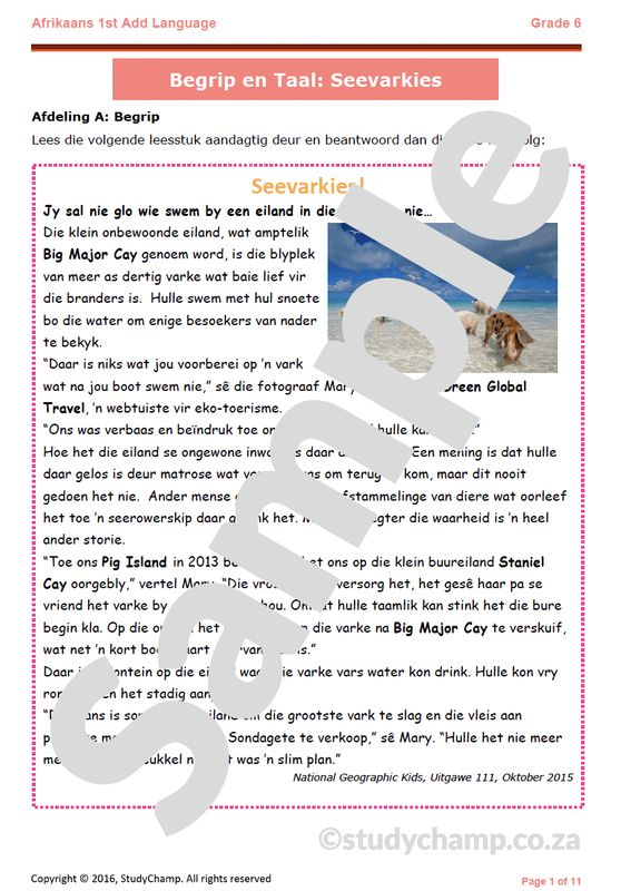 Grade 6 Afrikaans Toets: Seevarkies