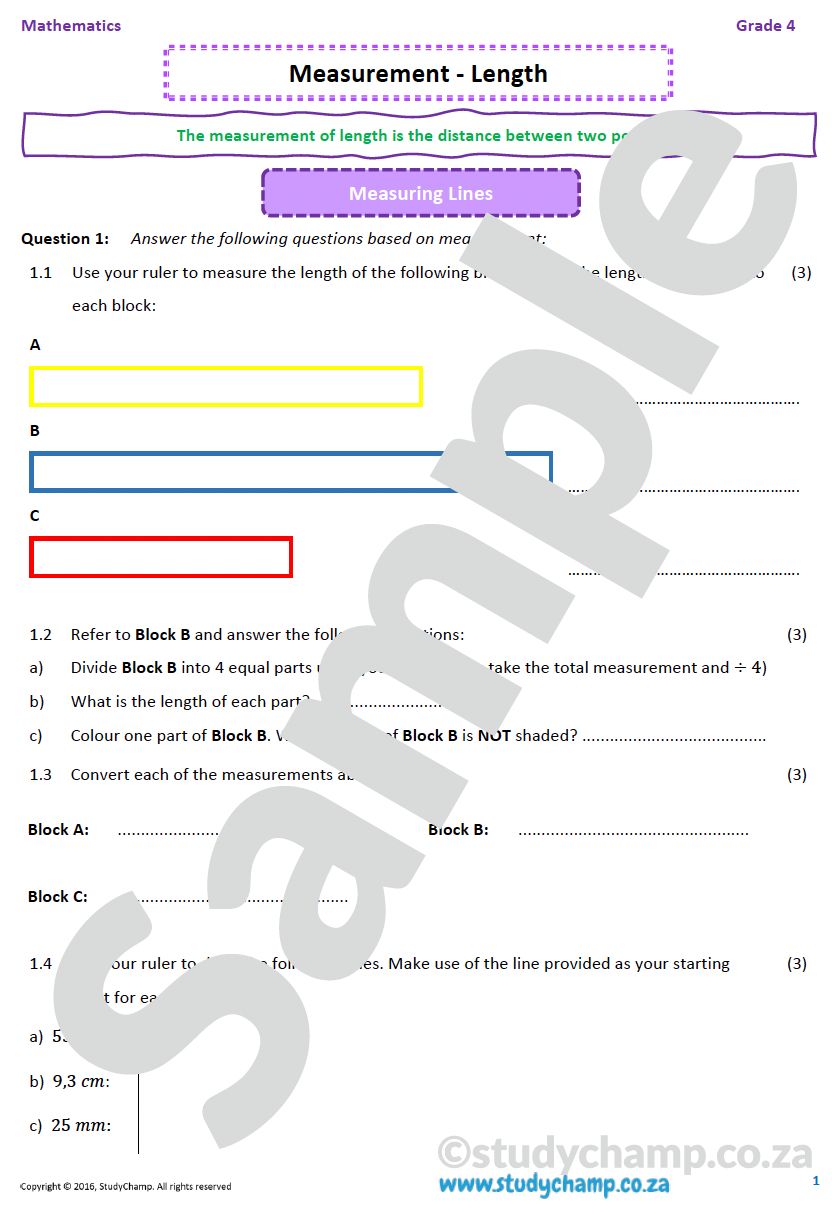 Grade 4 Mathematics worksheet: Measurement - Length