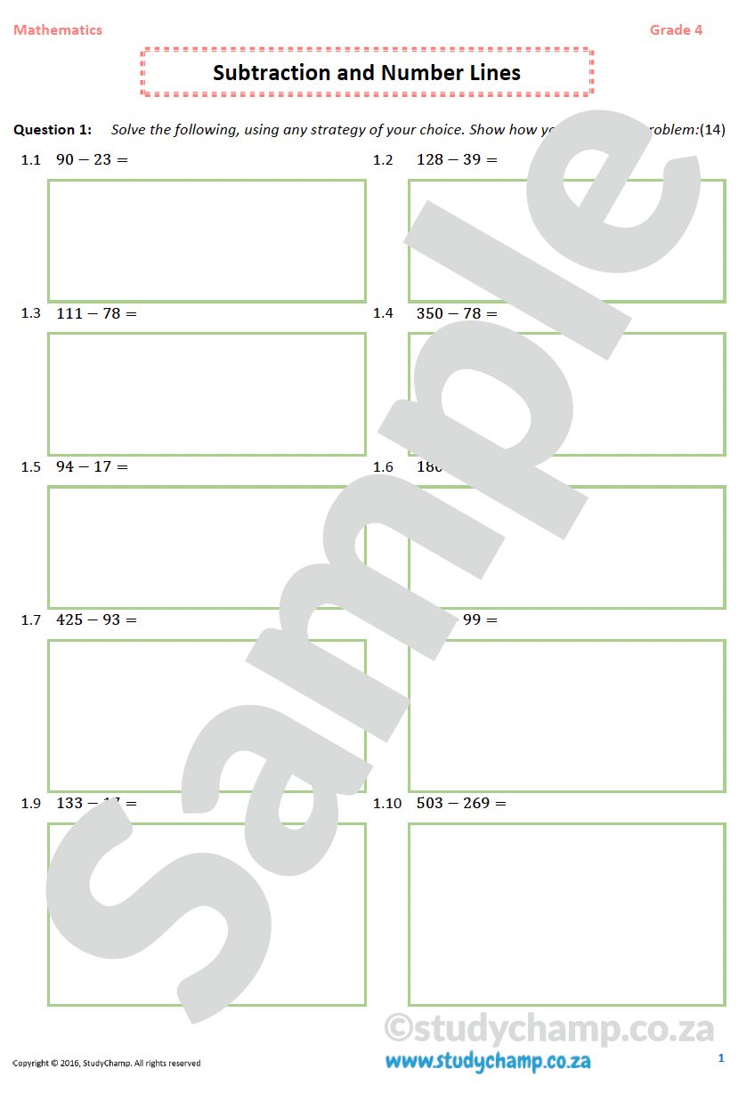 Grade 4 Mathematics worksheet: Subtraction, Number lines and Problem solving