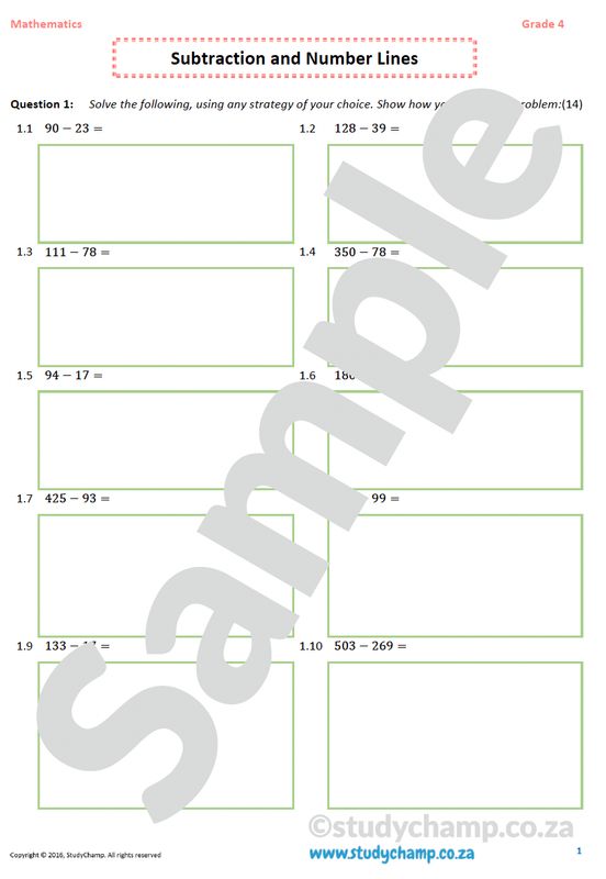 Grade 4 Mathematics worksheet: Subtraction, Number lines and Problem solving