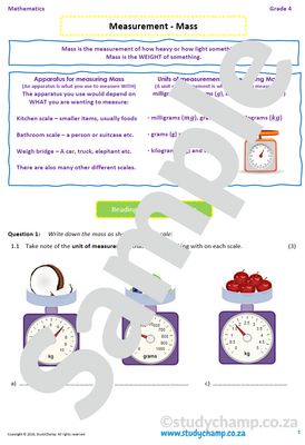 Grade 4 Mathematics worksheet: Measurement - Mass