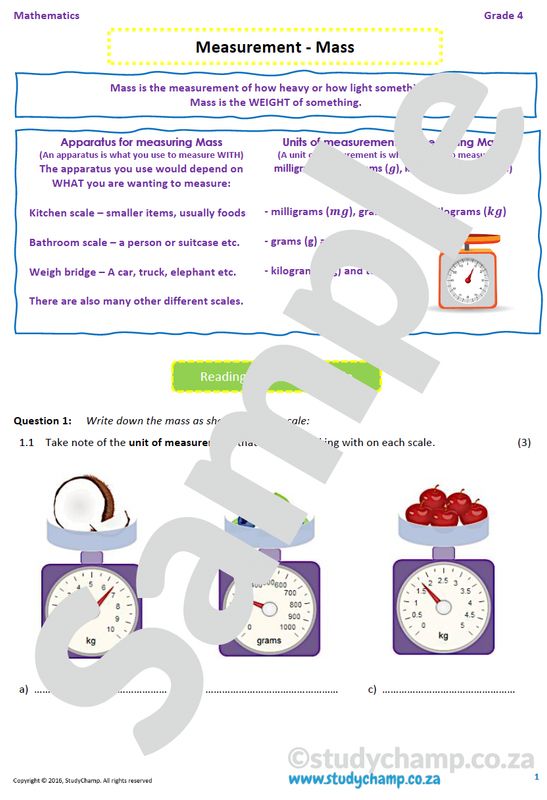 Grade 4 Mathematics worksheet: Measurement - Mass