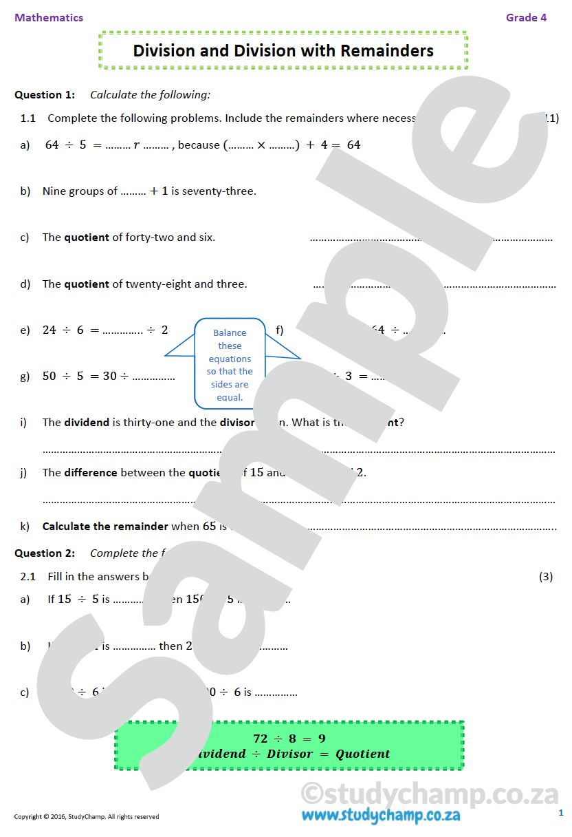 Grade 4 Mathematics worksheet: Division with remainders