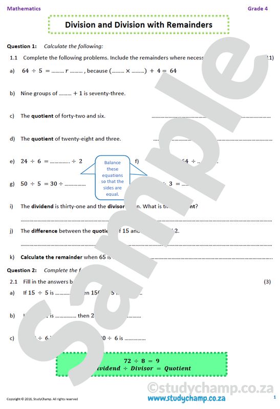 Grade 4 Mathematics worksheet: Division with remainders