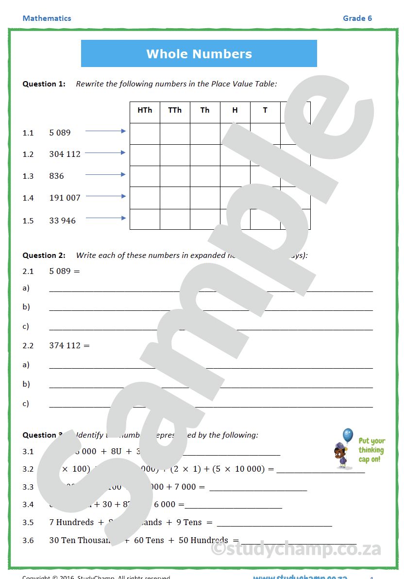 Grade 6 Maths Worksheet: Whole Numbers