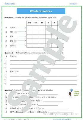 Grade 6 Maths Worksheet: Whole Numbers