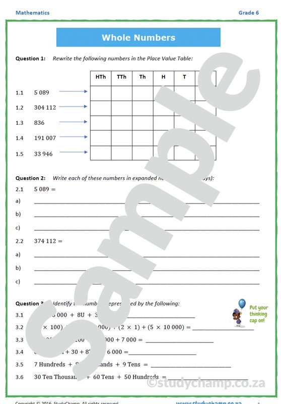 Grade 6 Maths Worksheet: Whole Numbers