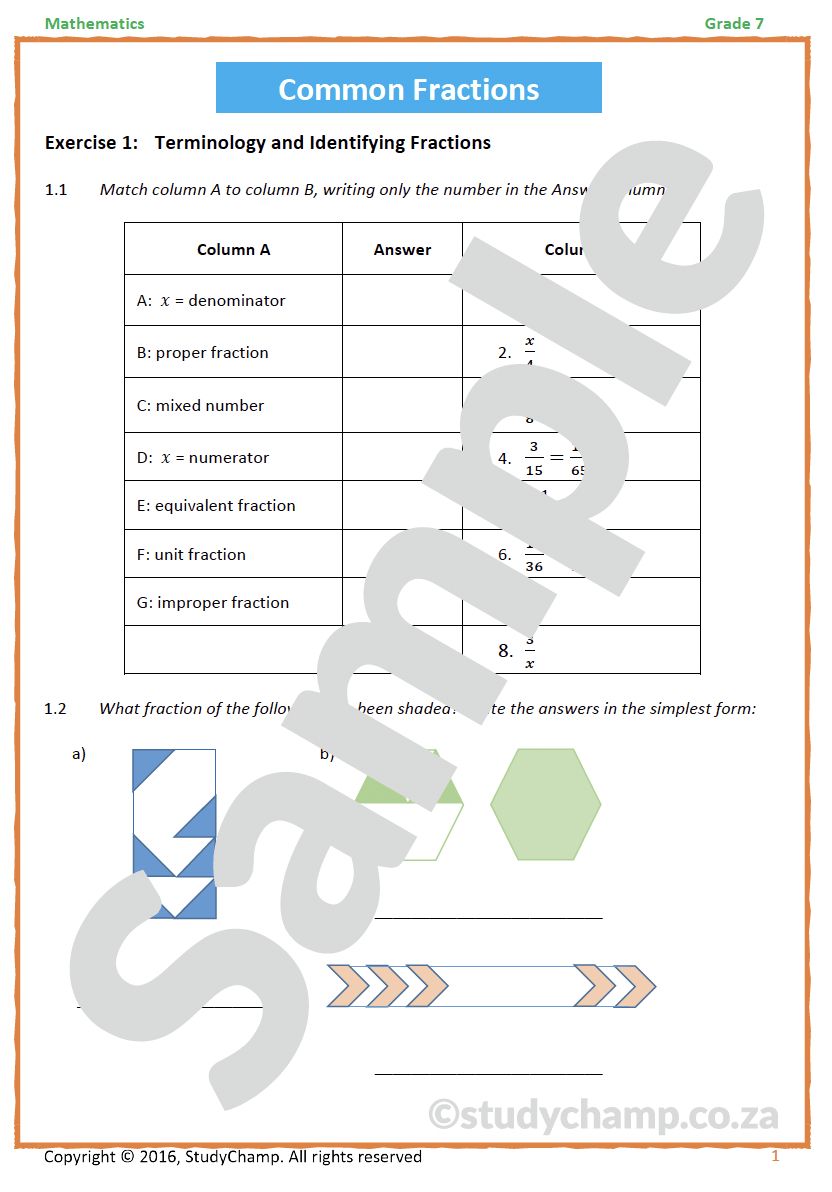 Grade 7 Mathematics Worksheet: Common Fractions 2