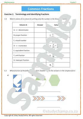 Grade 7 Mathematics Worksheet: Common Fractions 2