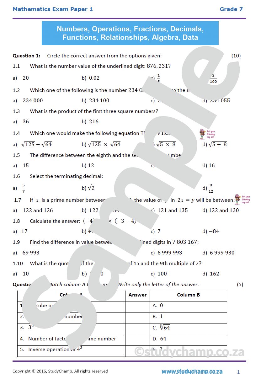 Grade 7 Mathematics Year-end Exam: Practice paper 1