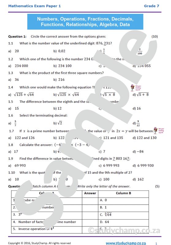 Grade 7 Mathematics Year-end Exam: Practice paper 1