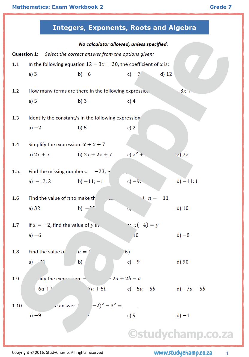 Grade 7 Mathematics Year-end Exam Revision: Workbook 2
