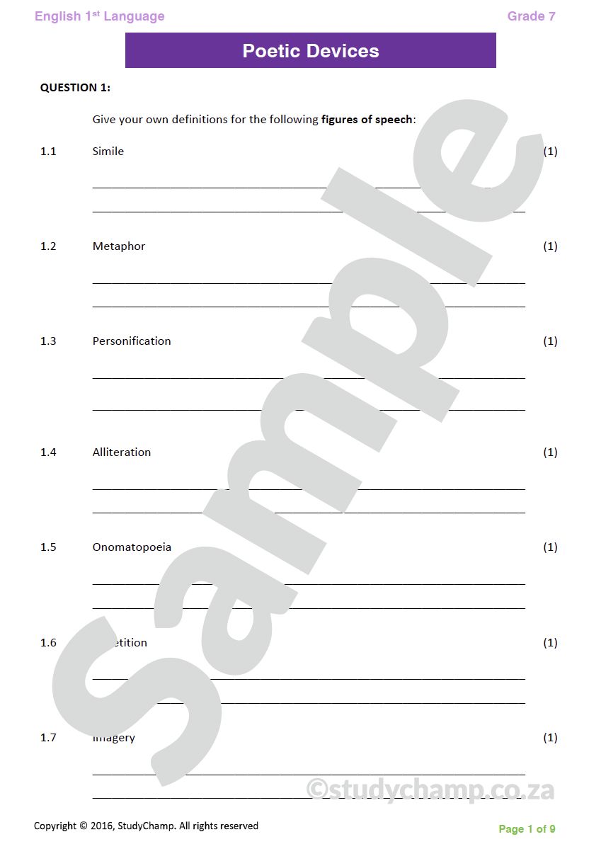 Grade 7 English workbook: Poetic Devices and Literary terms
