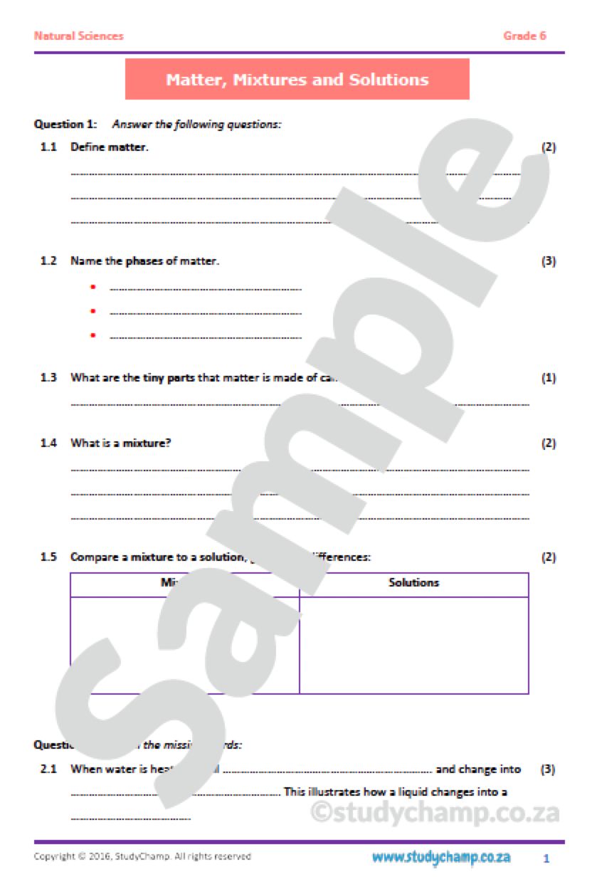 Grade 6 Natural Sciences Test: Matter and Mixtures