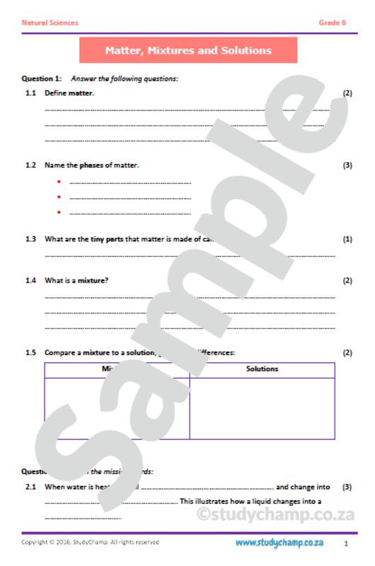 Grade 6 Natural Sciences Test: Matter and Mixtures
